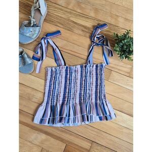 Striped Smocked Ruffle Tank Top - Blue/Pink